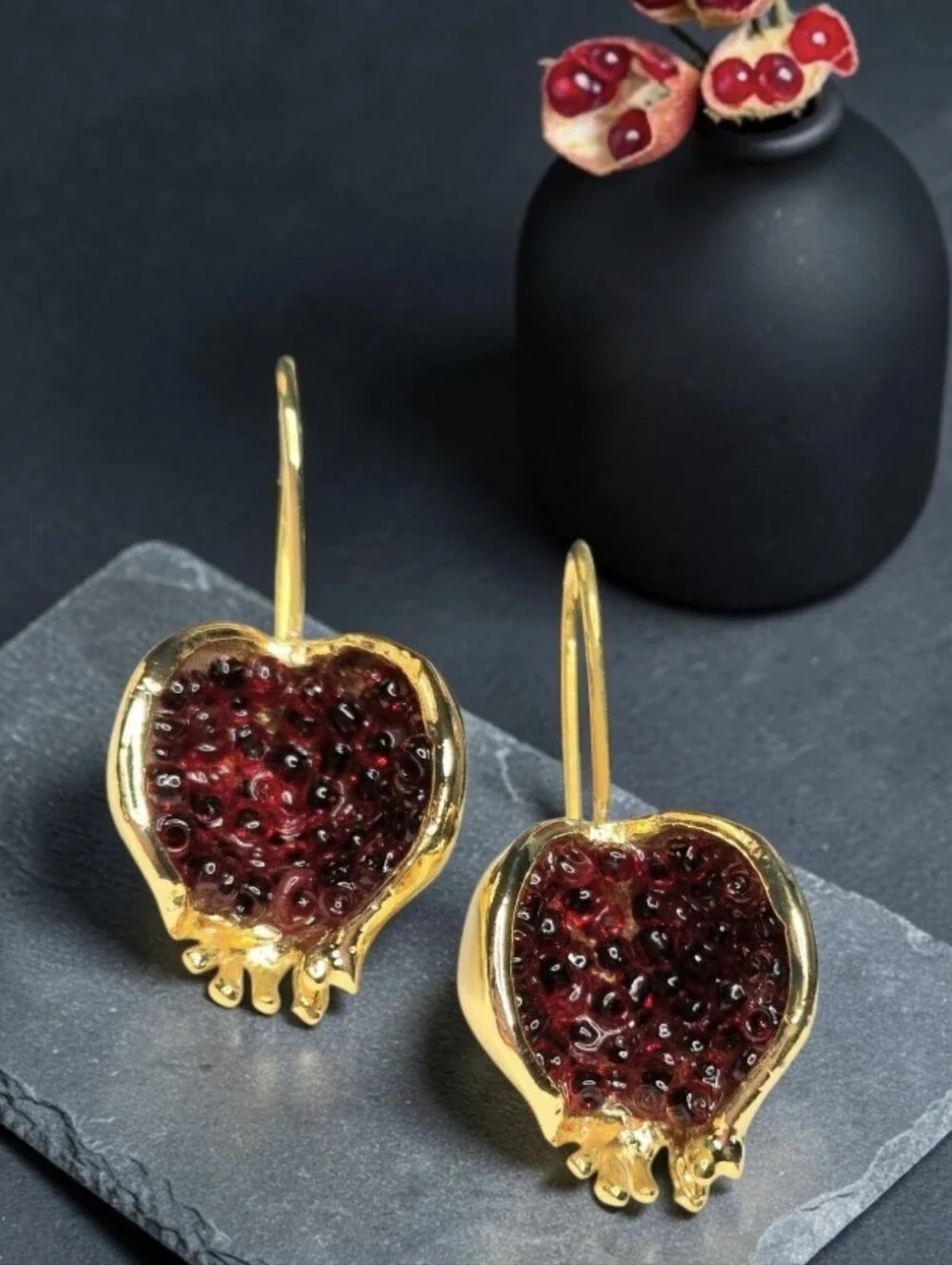 18k Gold Plated Genuine Garnet Pomegranate Dangle Earrings